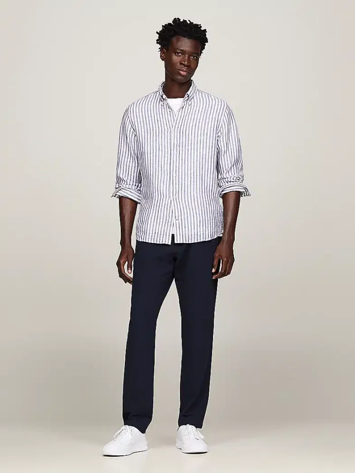 Camicia In Lino Regular Fit Uomo Tommy Hilfiger Riga Bianco Blu art. MW0MW34646 0A5, foto 3 di 5