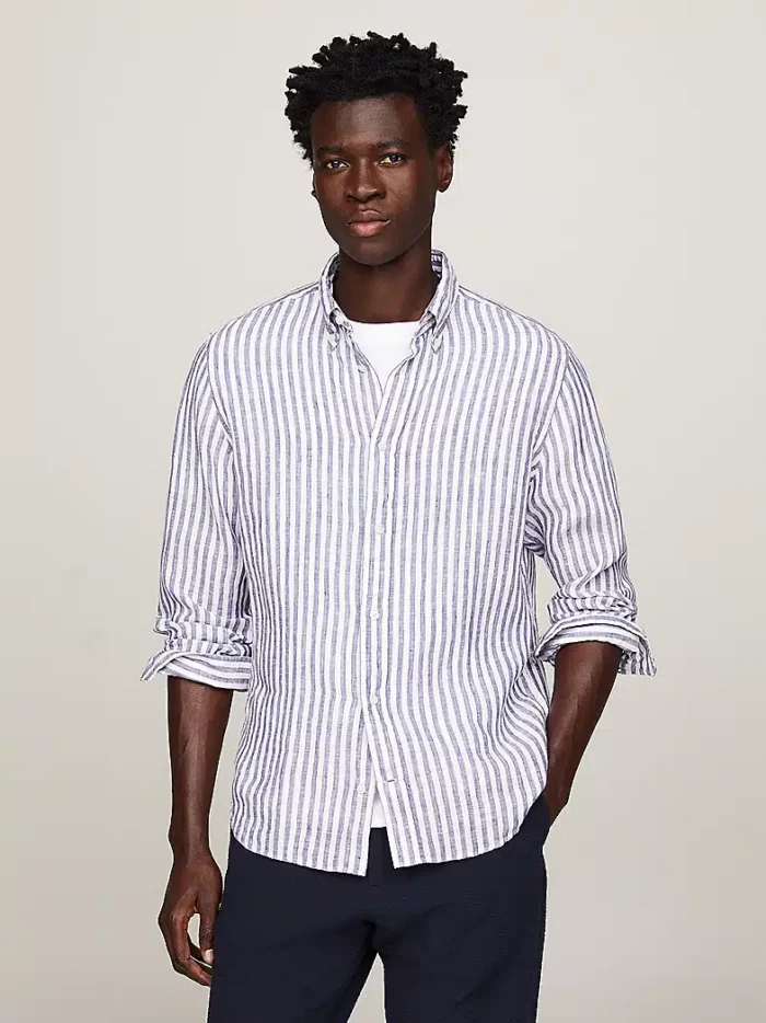 Camicia In Lino Regular Fit Uomo Tommy Hilfiger Riga Bianco Blu art. MW0MW34646 0A5, foto 2 di 5