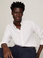 Camicia Uomo Tommy Hilfiger in Lino a righe Bianca e Beige art. MW0MW34646 0AA - immagine 5