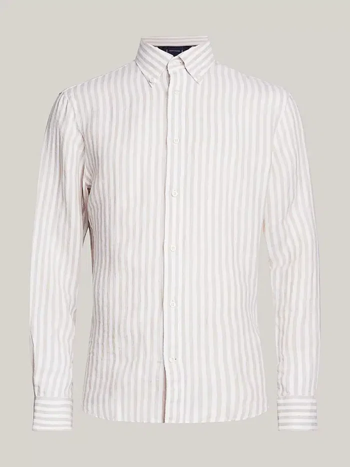 Camicia Uomo Tommy Hilfiger in Lino a righe Bianca e Beige art. MW0MW34646 0AA, foto 1 di 5
