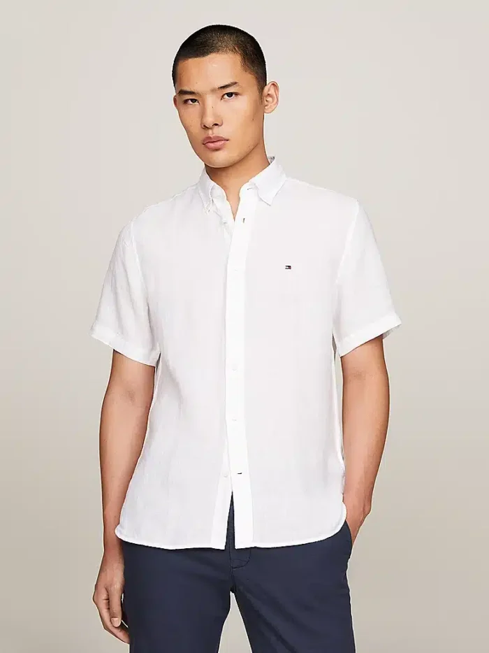 Camicia Uomo Tommy Hilfiger a Manica Corta in Lino Bianca art. MW0MW35207 YCF, foto 2 di 5