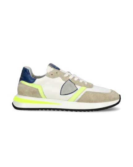Sneakers Uomo Philippe Model Tropez 2.1 In Nylon e Camoscio Beige con dettagli Giallo Fluo art. TYLU WN20