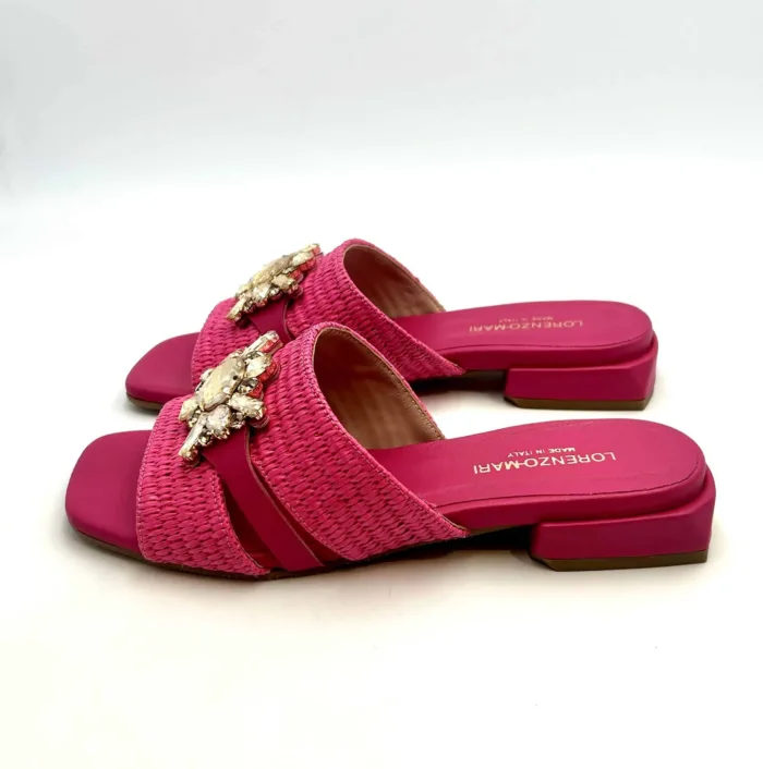 Ciabatta Lorenzo Mari con Accessorio Gioiello in Rafia Fucsia Tacco 3 cm art. FIORDALISO 06, foto 3 di 5