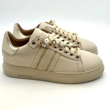 Sneakers Stokton in Pelle Beige con accessorio collana e spoiler Oro Art  884-D H 4cm