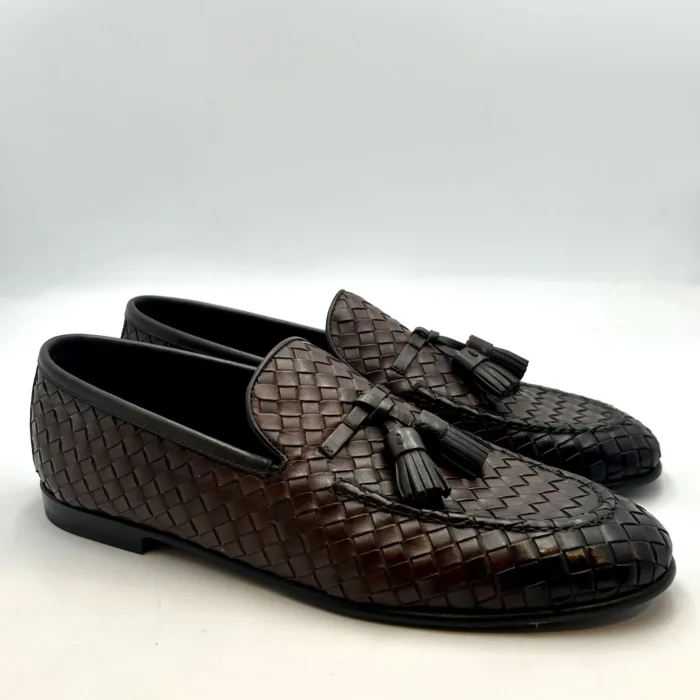 Mocassino Con Nappine Uomo Barrett In Pelle Intrecciata Testa di Moro Con Fondo Cuoio Antiscivolo Art. 241U004.2, foto 1 di 5