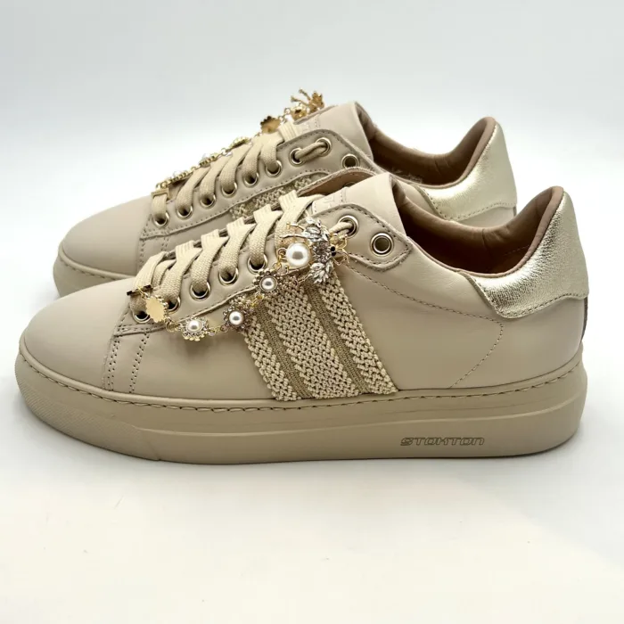 Sneakers Stokton in Pelle Beige con accessorio collana e spoiler Oro Art  884-D H 4cm, foto 3 di 5
