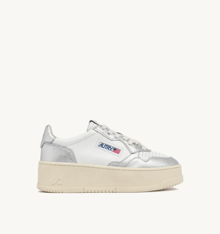 Sneakers Autry Medalist Platform Donna Bicolor in Pelle Bianca e Argento art. PTLW WB18, foto 1 di 6