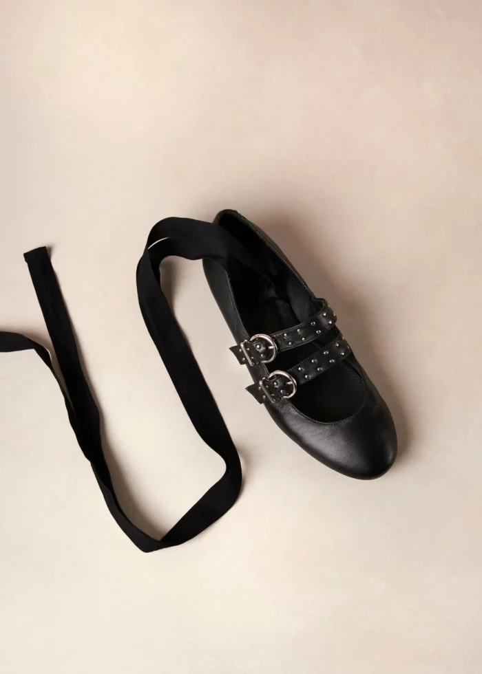 Ballerina Alohas In Pelle Nera Con Doppia Fascia e Lacci art. THEKLA, foto 2 di 5