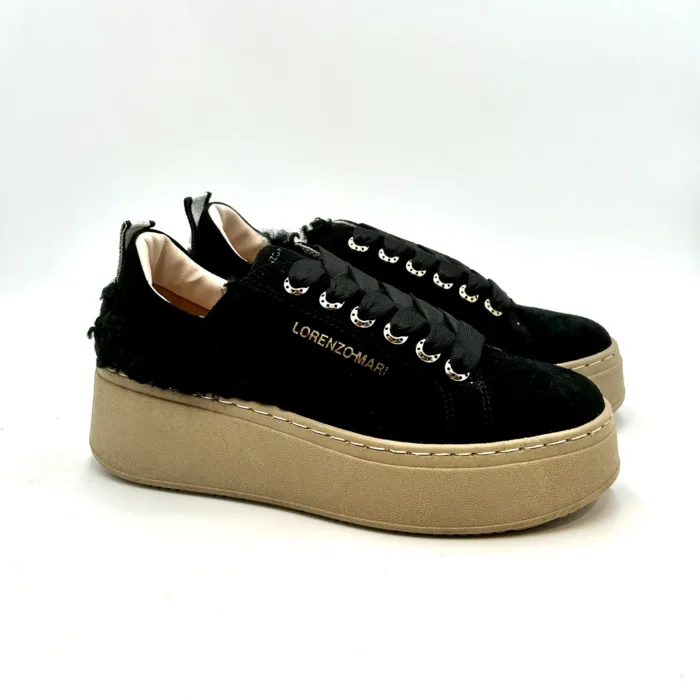 Sneakers Lorenzo Mari in Camoscio Nero, Fondo Beige art. Monica H 5cm, foto 1 di 5