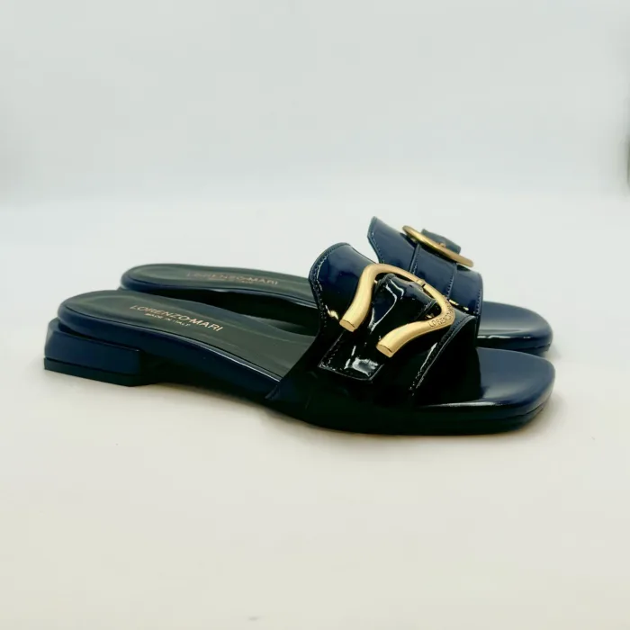 Ciabatta Lorenzo Mari In Vernice Blu Notte Fibbia Oro Tacco 3 cm art. Samu Mag 23, foto 1 di 5