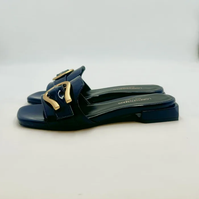 Ciabatta Lorenzo Mari In Vernice Blu Notte Fibbia Oro Tacco 3 cm art. Samu Mag 23, foto 3 di 5