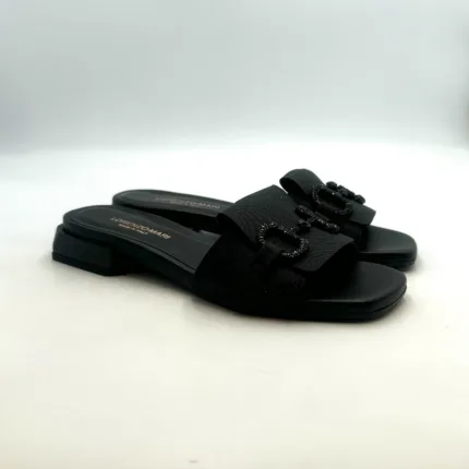 Ciabatta Lorenzo Mari In Pelle Glitter Nera, Morsetto Gioiello, Tacco 3 cm art. Samu 01