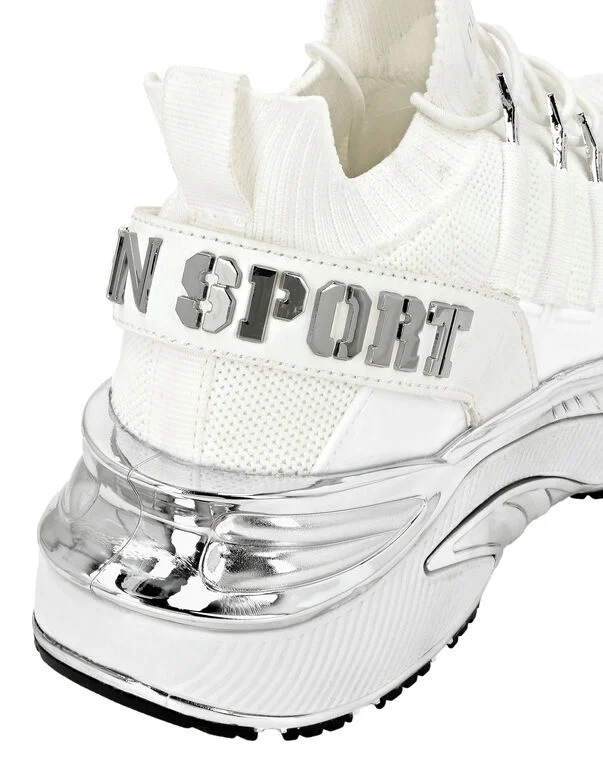 Sneakers Donna Philipp Plein Sport Runner In Pelle e Tela Bianca Dettagli Verdi e Argento Art PADS USC0579 STE003N, foto 4 di 4