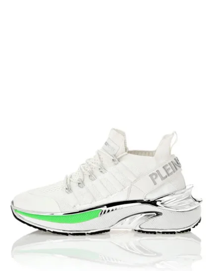 Sneakers Donna Philipp Plein Sport Runner In Pelle e Tela Bianca Dettagli Verdi e Argento Art PADS USC0579 STE003N