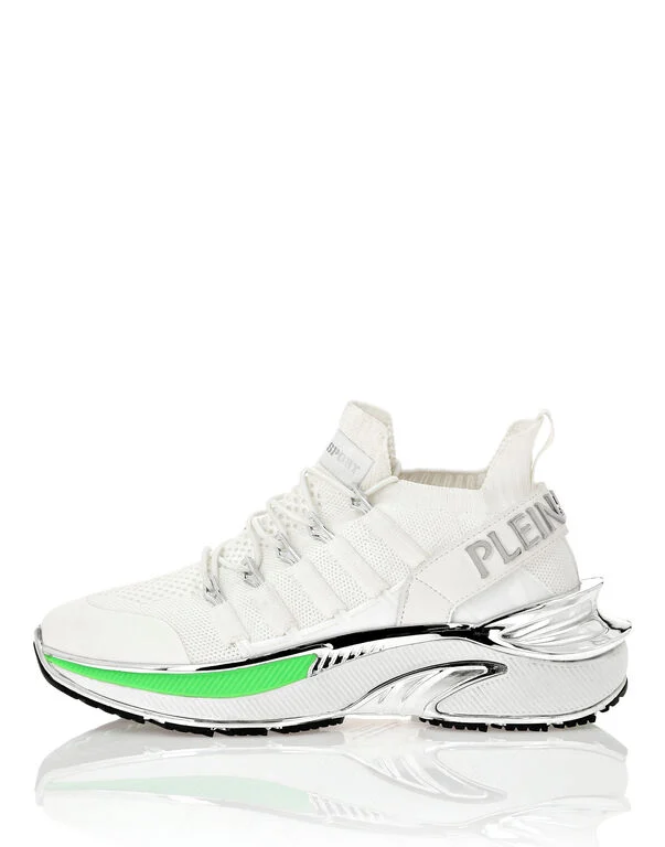 Sneakers Donna Philipp Plein Sport Runner In Pelle e Tela Bianca Dettagli Verdi e Argento Art PADS USC0579 STE003N, foto 1 di 4