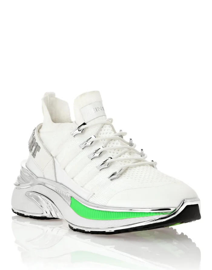 Sneakers Uomo Philipp Plein Sport Runner In Pelle e Tela Bianca Dettagli Verdi e Argento Art PADS USC0579 STE003N, foto 2 di 4