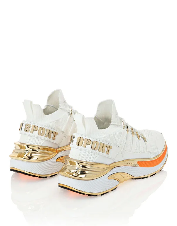 Sneakers Donna Philipp Plein Sport Runner In Pelle e Tela Bianca Dettagli Arancioni e Oro Art PADS USC0579 STE003N, foto 3 di 4