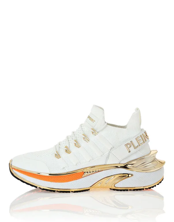 Sneakers Donna Philipp Plein Sport Runner In Pelle e Tela Bianca Dettagli Arancioni e Oro Art PADS USC0579 STE003N, foto 1 di 4