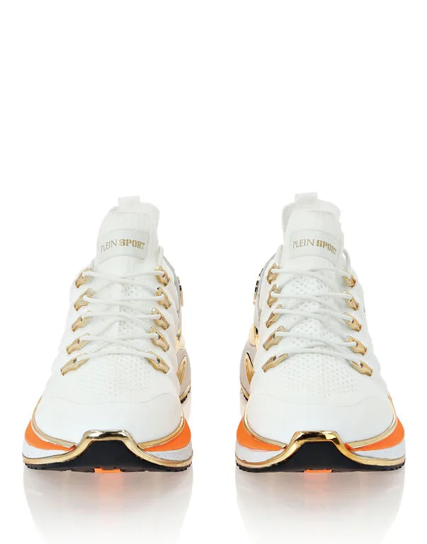 Sneakers Donna Philipp Plein Sport Runner In Pelle e Tela Bianca Dettagli Arancioni e Oro Art PADS USC0579 STE003N, foto 4 di 4