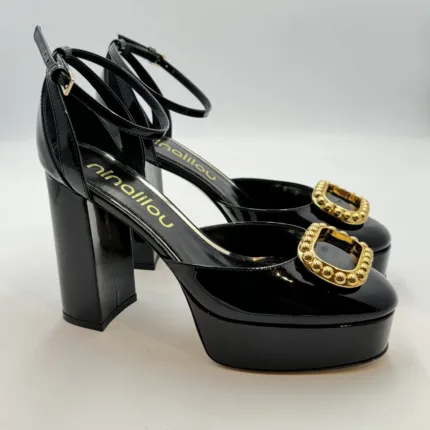 Decolletè Ninalilou in Vernice Nera Fibbia Oro Tacco 11 cm Plateau 3,5 cm art. 342580BB