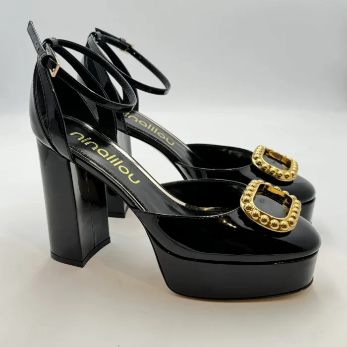 Decolletè Ninalilou in Vernice Nera Fibbia Oro Tacco 11 cm Plateau 3,5 cm art. 342580BB, foto 1 di 4
