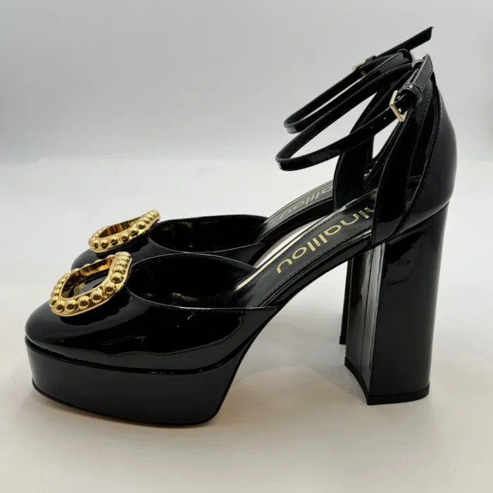 Decolletè Ninalilou in Vernice Nera Fibbia Oro Tacco 11 cm Plateau 3,5 cm art. 342580BB, foto 3 di 4