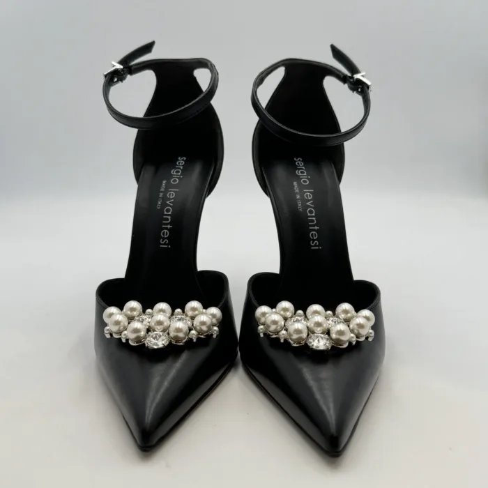 Decolletè Sergio Levantesi in Pelle Nera e Accessorio Perle Tacco 10 cm art. Luxor5, foto 3 di 5