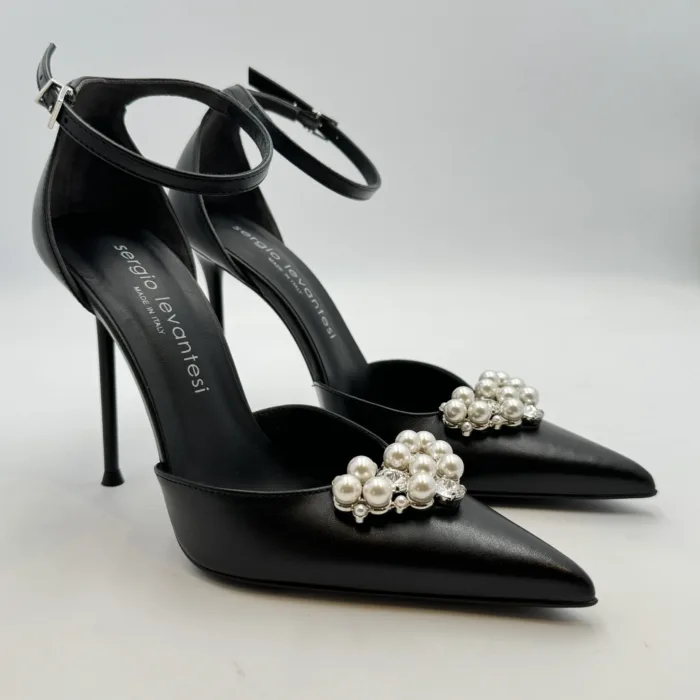 Decolletè Sergio Levantesi in Pelle Nera e Accessorio Perle Tacco 10 cm art. Luxor5, foto 1 di 5