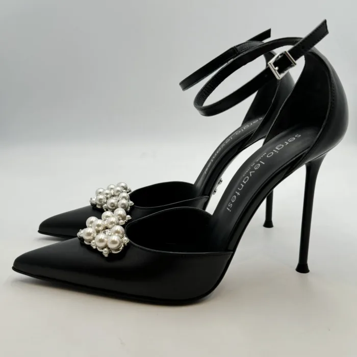 Decolletè Sergio Levantesi in Pelle Nera e Accessorio Perle Tacco 10 cm art. Luxor5, foto 2 di 5