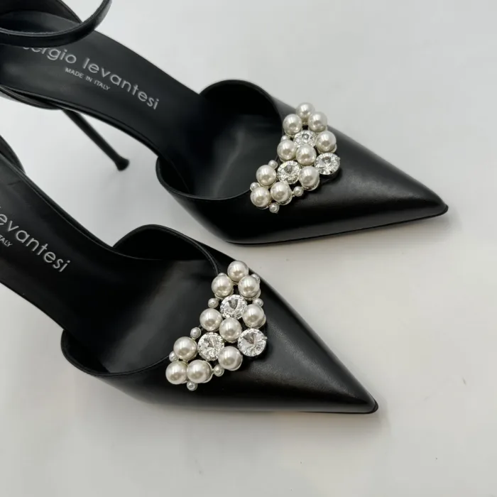 Decolletè Sergio Levantesi in Pelle Nera e Accessorio Perle Tacco 10 cm art. Luxor5, foto 5 di 5