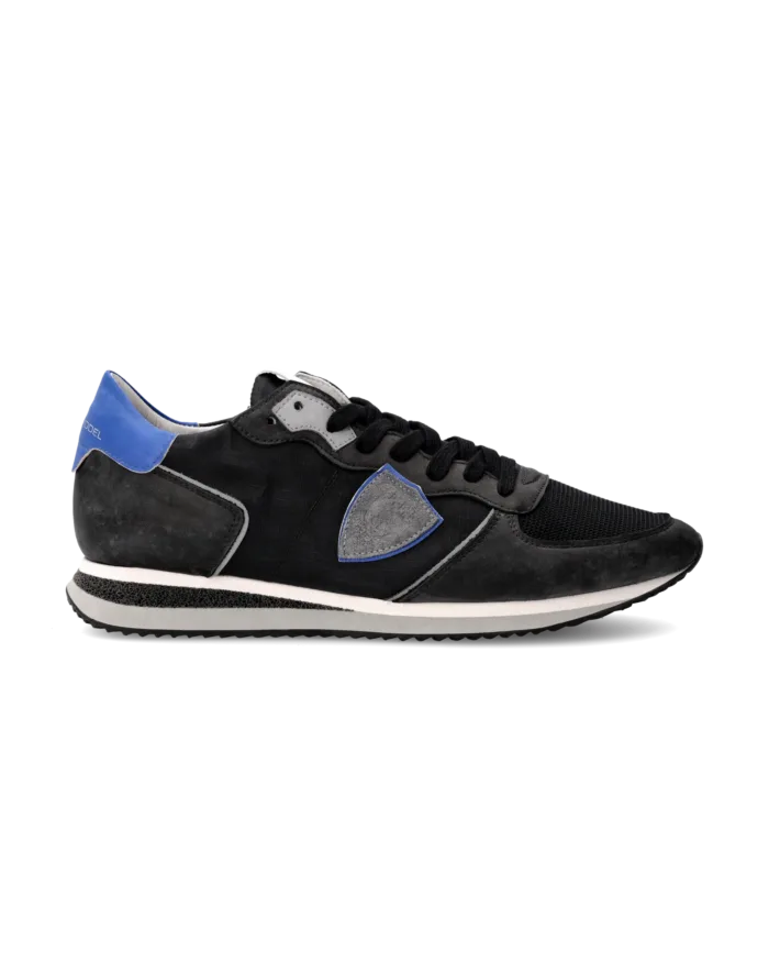 Sneakers Uomo Philippe Model Tropez In Pelle Nera e Dettagli Blu Elettrico cod. TZLU WP45, foto 1 di 6