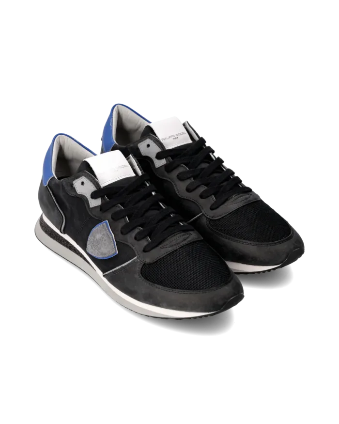 Sneakers Uomo Philippe Model Tropez In Pelle Nera e Dettagli Blu Elettrico cod. TZLU WP45, foto 2 di 6