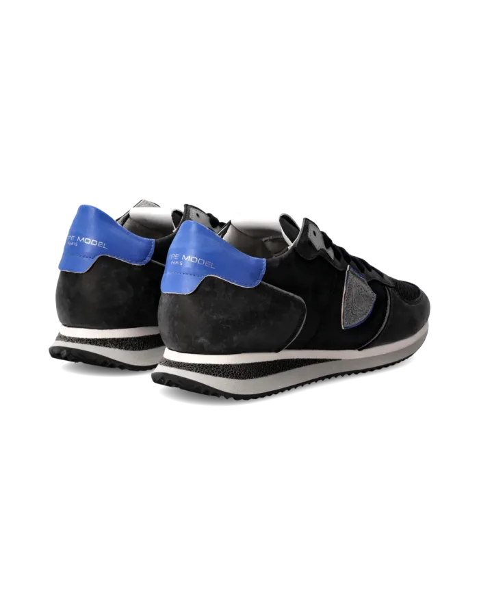 Sneakers Uomo Philippe Model Tropez In Pelle Nera e Dettagli Blu Elettrico cod. TZLU WP45, foto 3 di 6