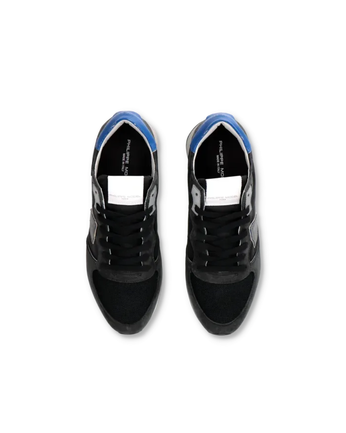 Sneakers Uomo Philippe Model Tropez In Pelle Nera e Dettagli Blu Elettrico cod. TZLU WP45, foto 4 di 6