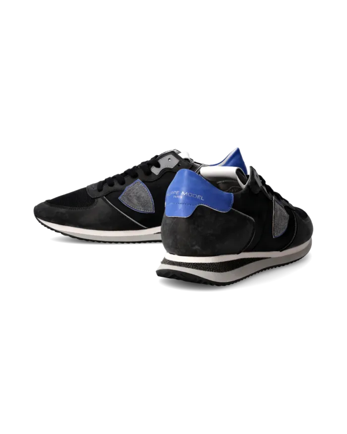 Sneakers Uomo Philippe Model Tropez In Pelle Nera e Dettagli Blu Elettrico cod. TZLU WP45, foto 6 di 6