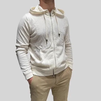 Felpa In Maglia con Cappuccio E Zip Filippo De Laurentiis in Misto Lana Cashmere Panna art. FH1ML3AT WC12R 020