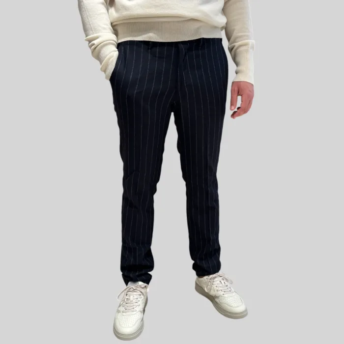 Pantalone Gessato con Tasca a Filo Michael Coal Blue in Lana art. Brad 3018 Lungo, foto 1 di 2