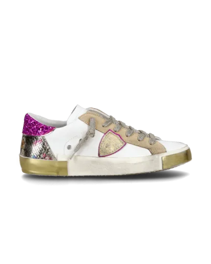 Sneakers Donna Philippe Model Paris Prsx In Pelle Bianca Back Glitter Fucsia e Dettagli in Camoscio Beige cod. PRLD VAN2