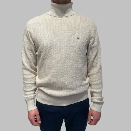 Maglione Dolcevita Uomo in Cotone Tramato Panna Tommy Hilfiger art. MW0MW36526 HGF