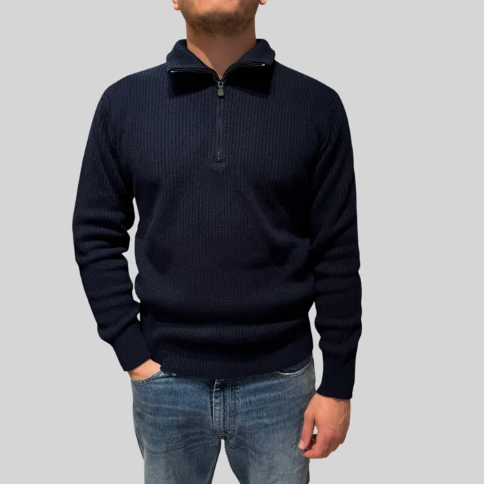 Maglione Mezza Zip Costa Inglese Filippo De Laurentiis in Misto Lana Cashmere Blu Art. MZ3ML WC7P 890, foto 1 di 2
