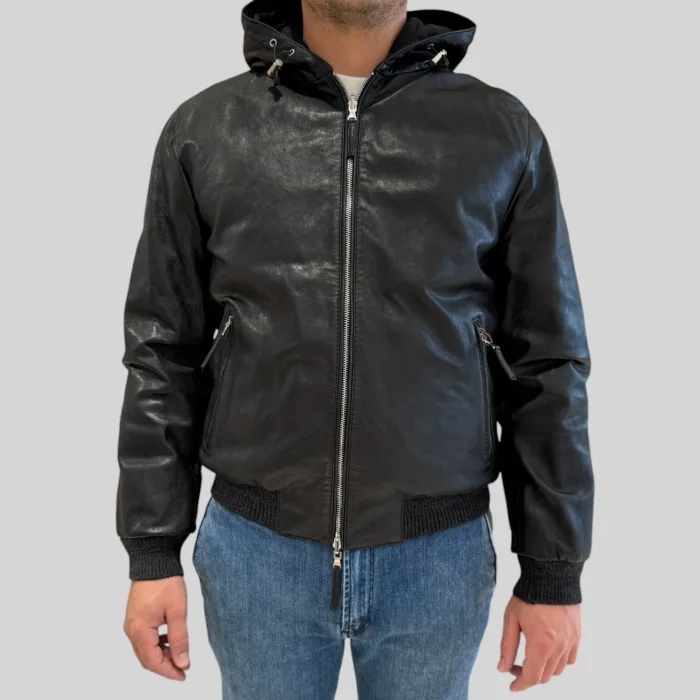 Giubbino The Jack Leathers in Pelle Nera con Cappuccio Double Face Art Jonah Reversible, foto 1 di 5