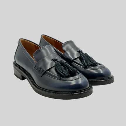 Mocassino Lorenzo Mari in Pelle Blu Con Nappine Tacco H 4 cm Art Claudia 01