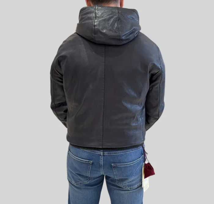 Giubbino The Jack Leathers in Pelle Blu con Cappuccio Double Face Art Jonah Reversible, foto 4 di 5