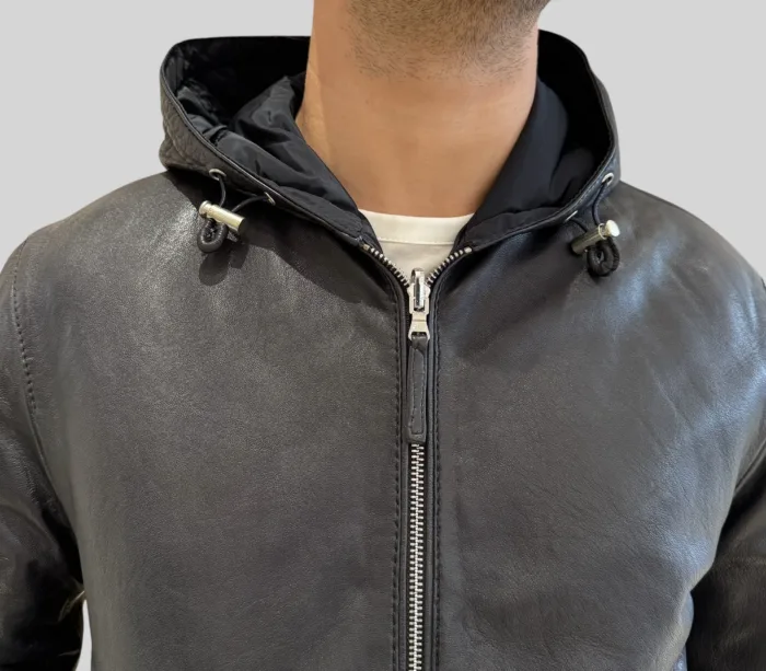 Giubbino The Jack Leathers in Pelle Blu con Cappuccio Double Face Art Jonah Reversible, foto 2 di 5