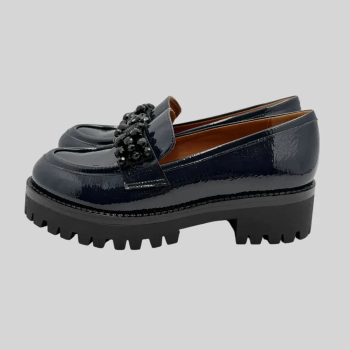 Mocassino Lorenzo Mari in Vernice Blu Con Accessorio Gioiello Tacco H 4 cm Art Connie 09, foto 3 di 4