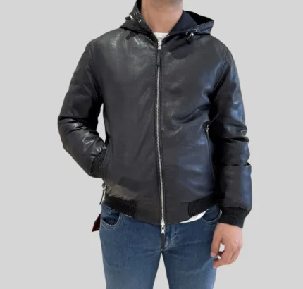 Giubbino The Jack Leathers in Pelle Blu con Cappuccio Double Face Art Jonah Reversible