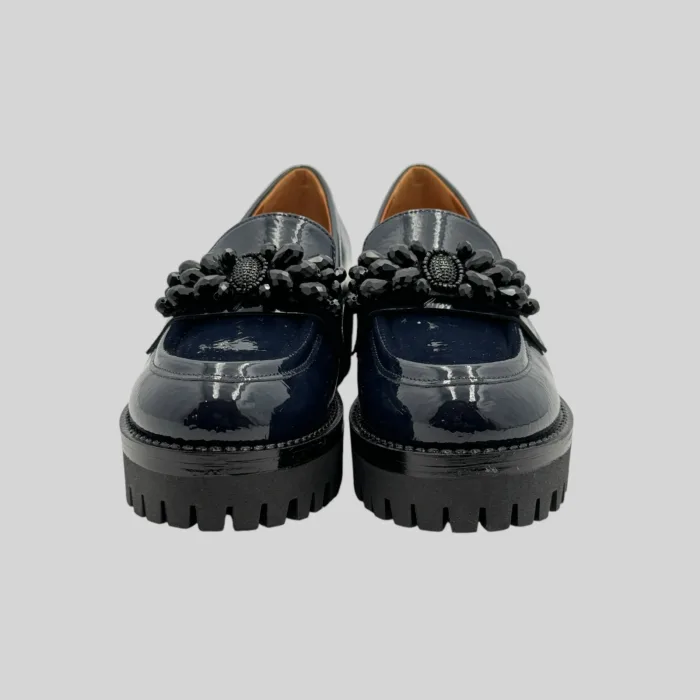 Mocassino Lorenzo Mari in Vernice Blu Con Accessorio Gioiello Tacco H 4 cm Art Connie 09, foto 2 di 4