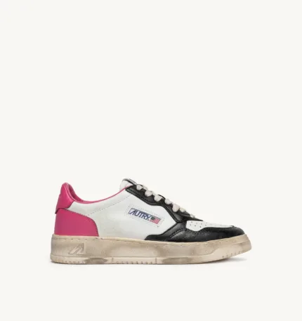 Sneakers Autry Medalist Donna Super Vintage in Pelle Bianca, Laminato Nero, Tallone Fucsia art. AVLW SV39