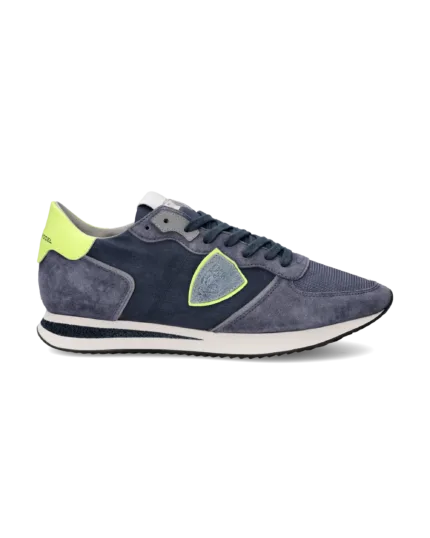 Sneakers Uomo Philippe Model Tropez In Camoscio Blu Denim e Dettagli Giallo Fluo cod. TZLU WN80