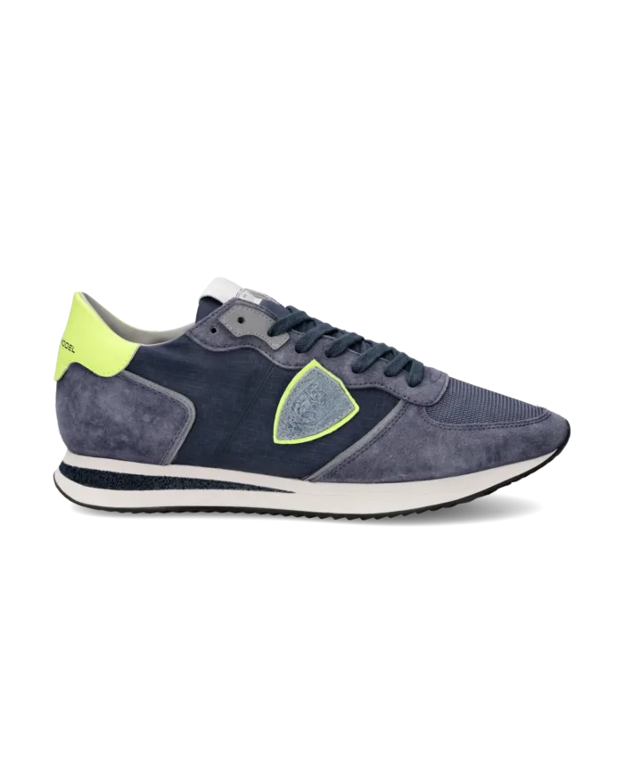 Sneakers Uomo Philippe Model Tropez In Camoscio Blu Denim e Dettagli Giallo Fluo cod. TZLU WN80, foto 1 di 6